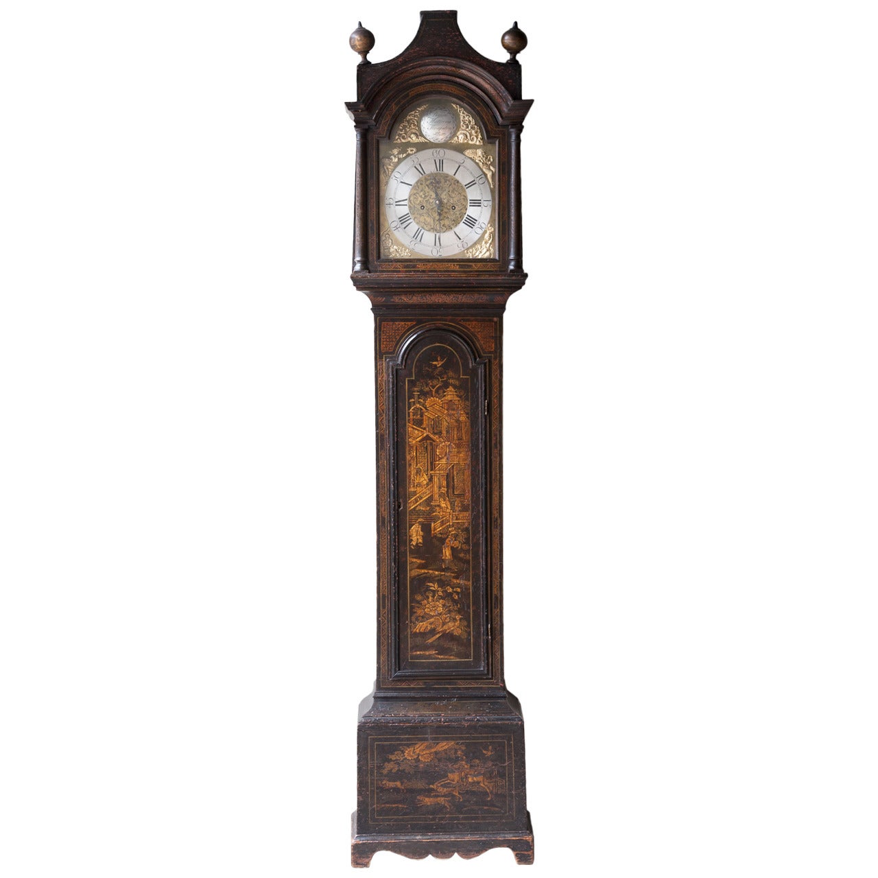 George III Black Chinoiserie Black Lacquered Long Case Clock
