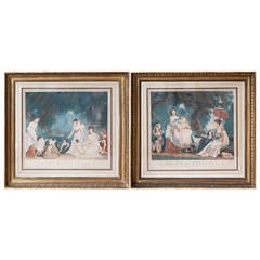 Antique Pair of Colored Stipple Engravings after Marguerite Gerard in Empire Frames