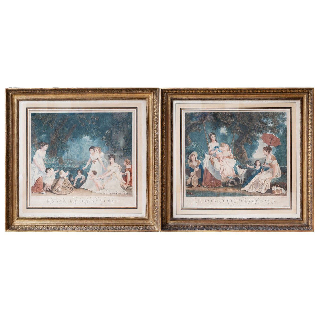 Pair of Colored Stipple Engravings after Marguerite Gerard in Empire Frames