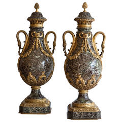 Pair of Louis XVI Style Baluster Marble Urns with Gilt Bronze Mounts