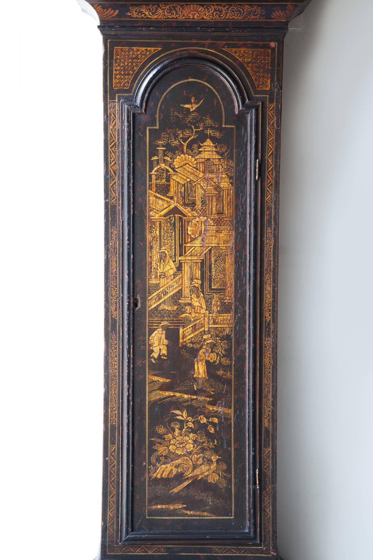Brass George III Black Chinoiserie Black Lacquered Long Case Clock