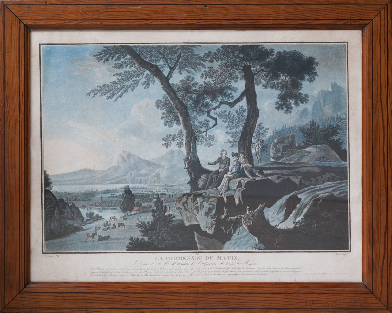La promenade du matin and La promenade du soir, engraved by Pierre Michel Alix. Framed in 19th century pitch pine frames.
France, 1806. The image with a preparatory blue wash, original colour. Some small scuff marks, see photographs.