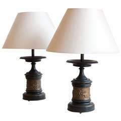 A Pair Of Brass Mounted Black Marble Urns Converted To Table Lamps