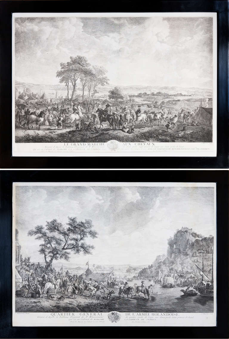 A set of thirteen European black and white copper plate engravings after paintings by Joseph Vernet, Philips Wouwerman, Claude Lorraine and Jan van Goyen. Framed in a combination of contemporary handmade ebonised frames in the style of the early