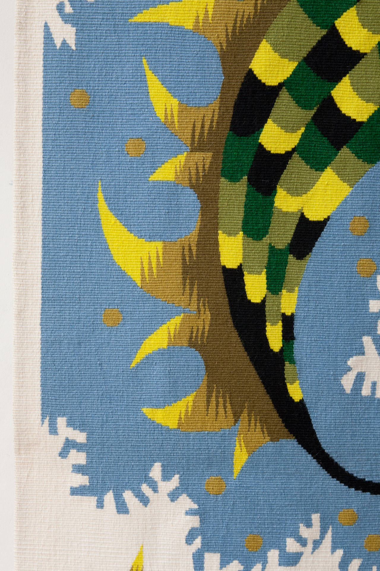 Tapestry woven in wool by the Atelier Pinton in Aubusson  after a cartoon by J. Picart Le Doux. 

Black, yellow and green cockerel on a blue ground with yellow stars.

Label on the rear with the mark of the weavers and signed by J Picart le