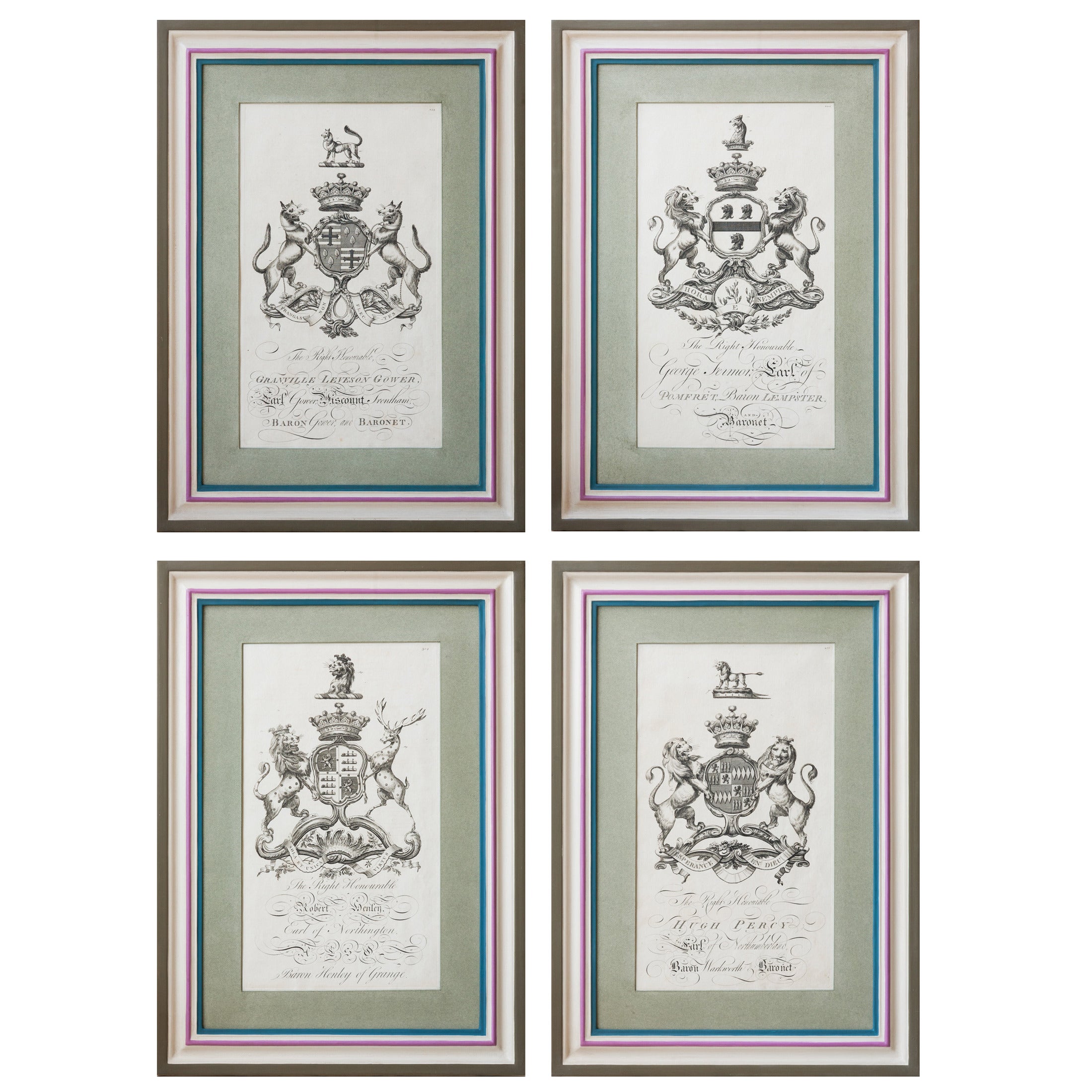 Set of 12 Framed Armourial Engravings in Pink, Green and Blue Frames