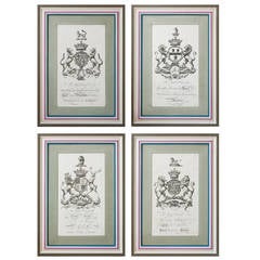 Set of 12 Framed Armourial Engravings in Pink, Green and Blue Frames