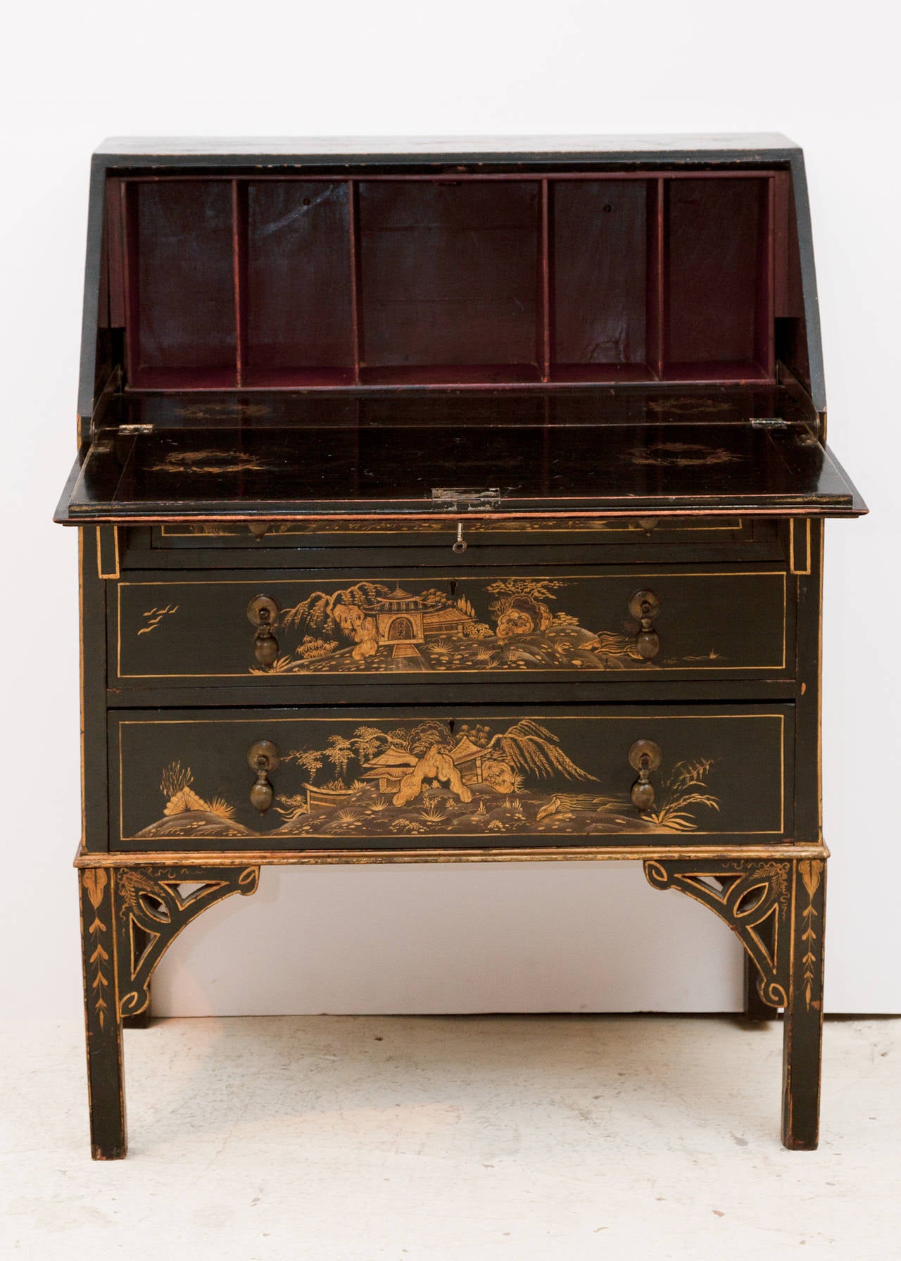 English 19th Century Lacquered Chinoiserie Fall Front Bureau or Desk
