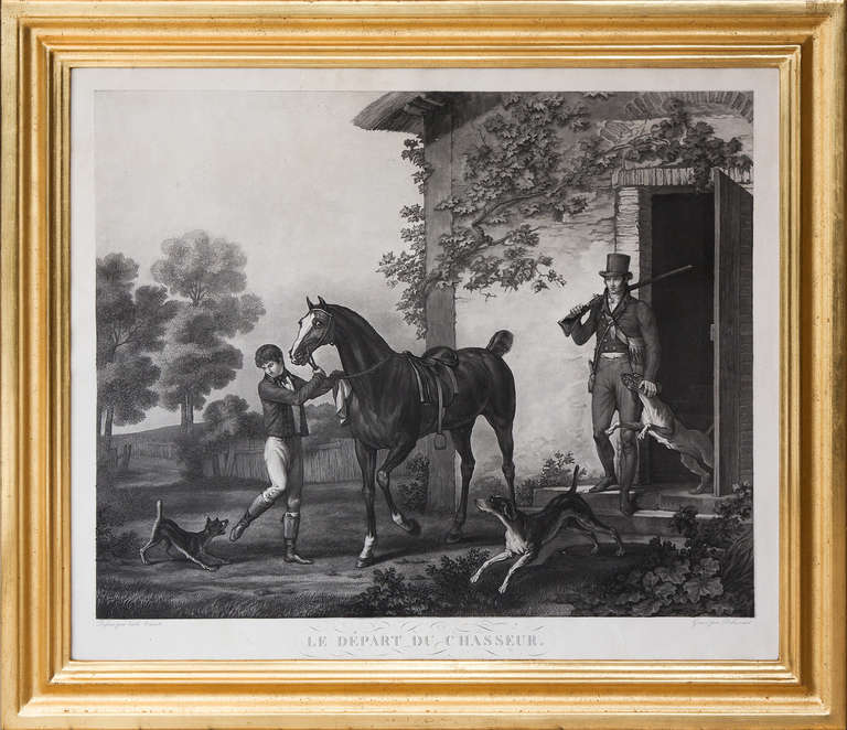 Engraved by Philibert-Louis Debucourt.

“Le Départ Du Chasseur”, “Le Retour Du Chasseur”, “Le Chasseur Au Tirer” and “Le Chasseur”.

Framed in handmade and water gilt frames.