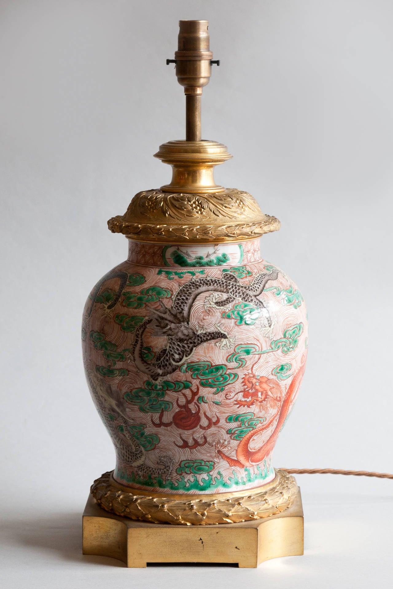 19th Century Famille Rose Chinese Porcelain Lamp with Gilt Bronze Mounts