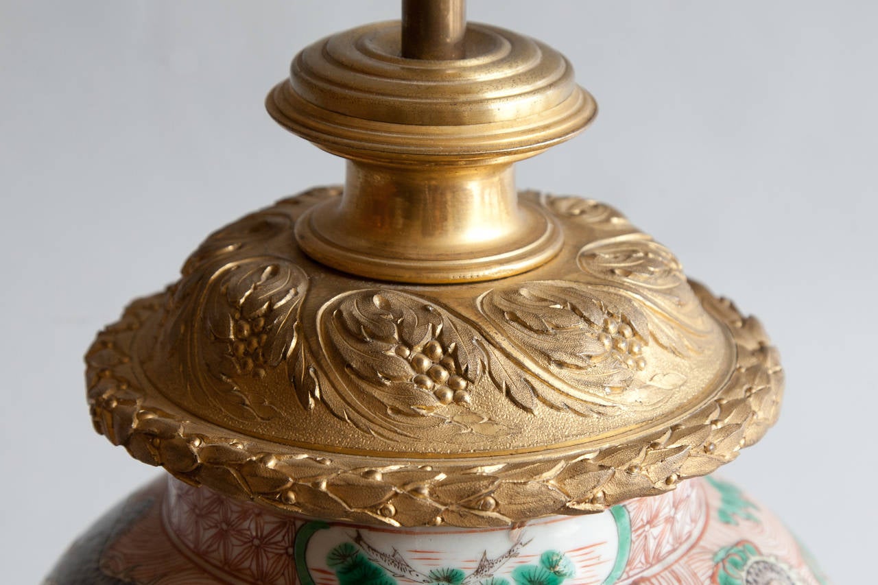 Chinese Export 19th Century Famille Rose Chinese Porcelain Lamp with Gilt Bronze Mounts For Sale