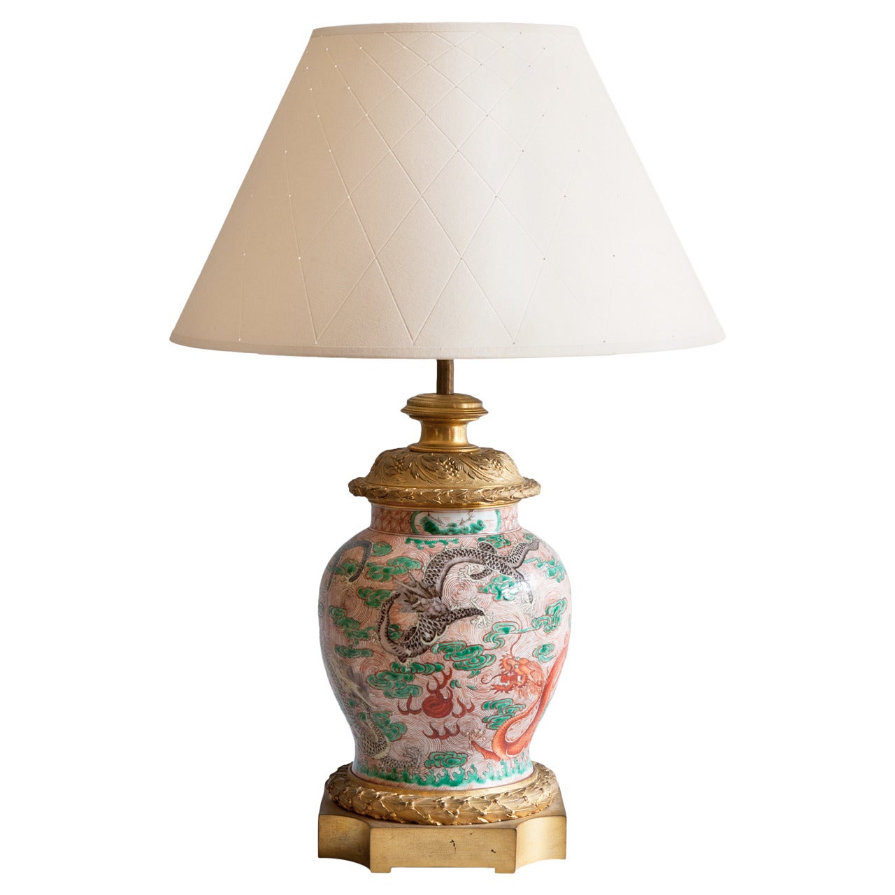 19th Century Famille Rose Chinese Porcelain Lamp with Gilt Bronze Mounts For Sale