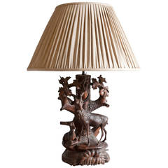 19th Century Black Forest Table Lamp with Carved Doe and Fawn