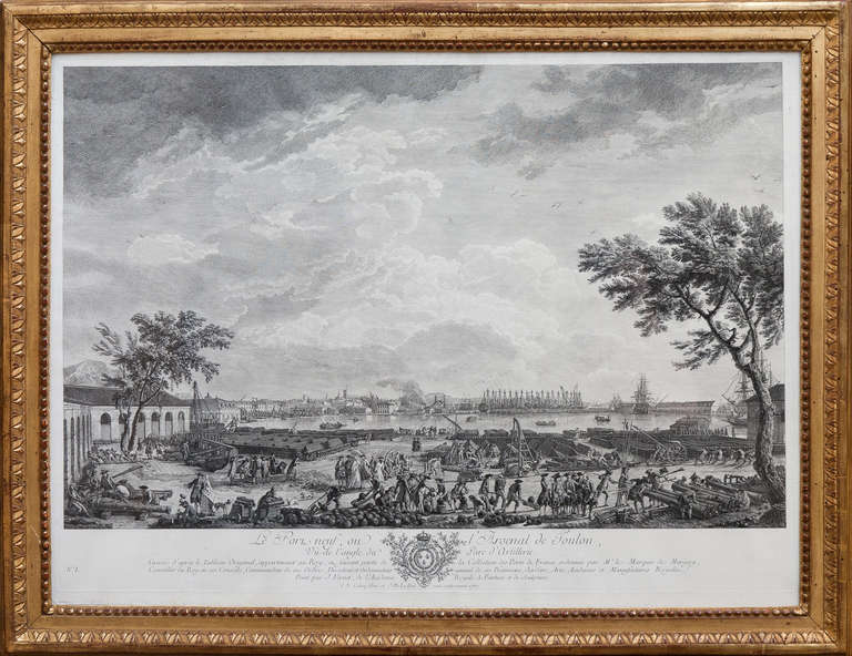 'La Ville et La Rade de Toulon', 'Le Port vieux de Toulon' and 'Le Pont neuf, ou l'Arsenal de Toulon'.
From the series 'Les Ports de France' commisioned by Louis XV. Framed in 18th century period carved gilt wood frames.