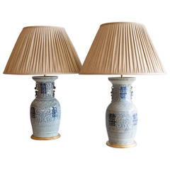 Pair of Blue and White Chinese Vases Converted to Lamps