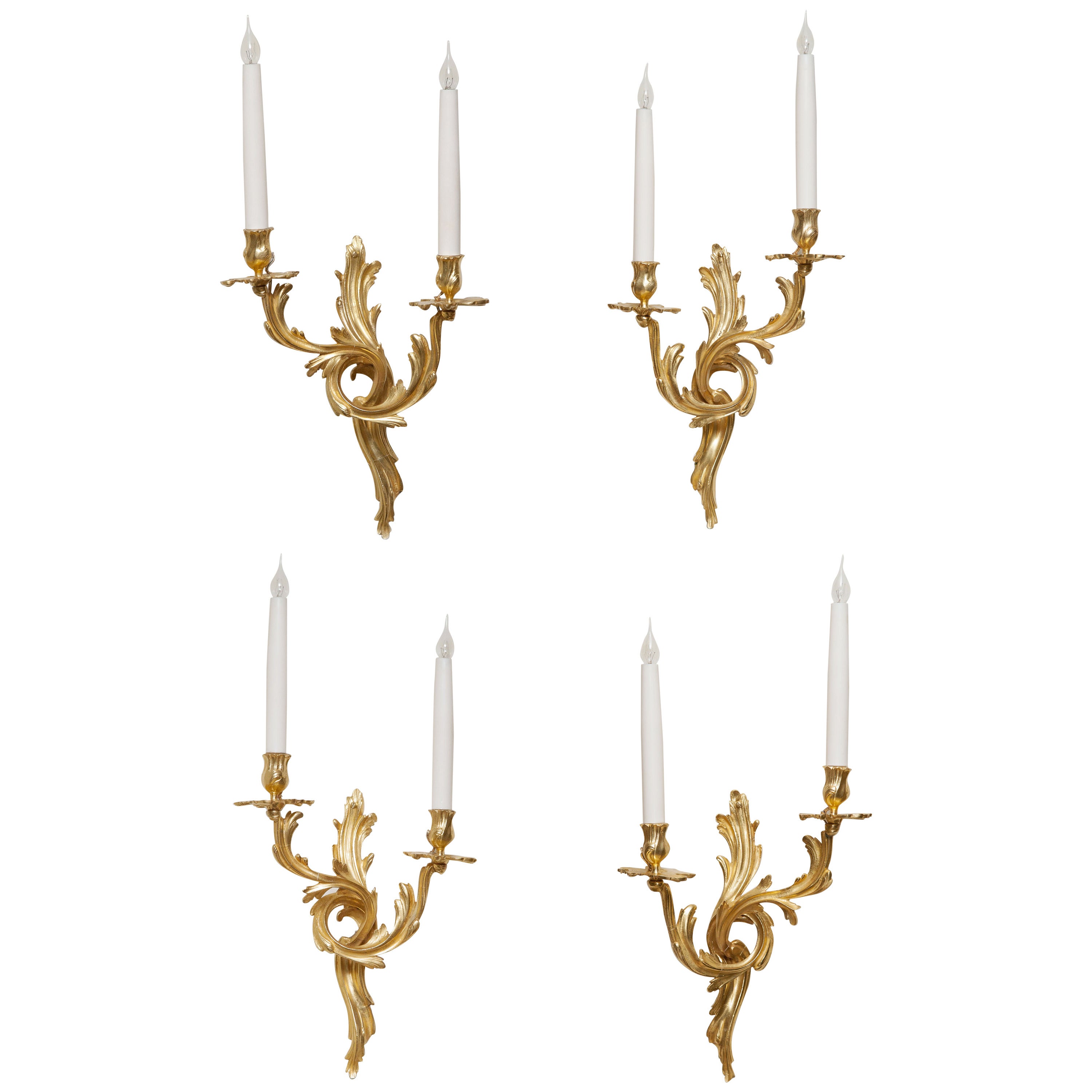 Four 18th Century Louis XV Gilt Bronze Two-Arm Wall Lights For Sale