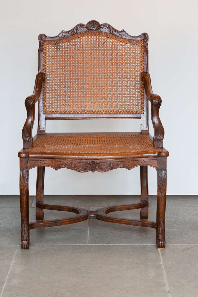 French A Pair Of Mid 18th Century Louis XV Caned Walnut Armchairs