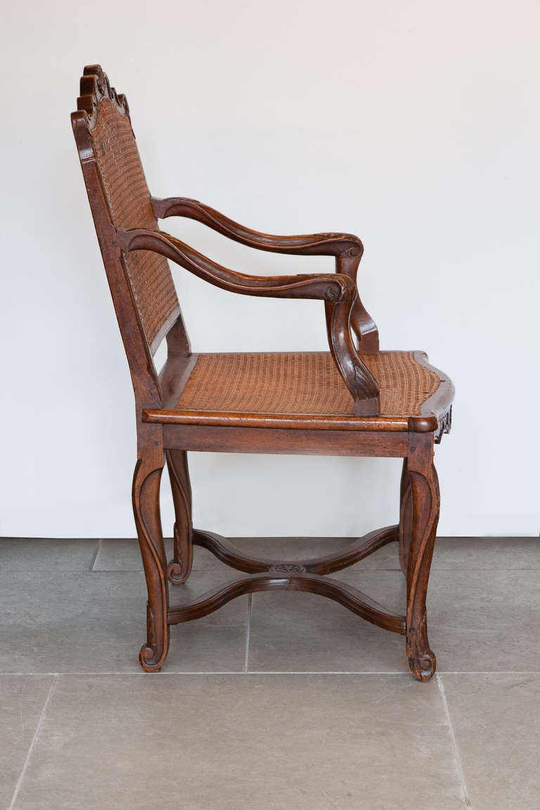 18th Century and Earlier A Pair Of Mid 18th Century Louis XV Caned Walnut Armchairs