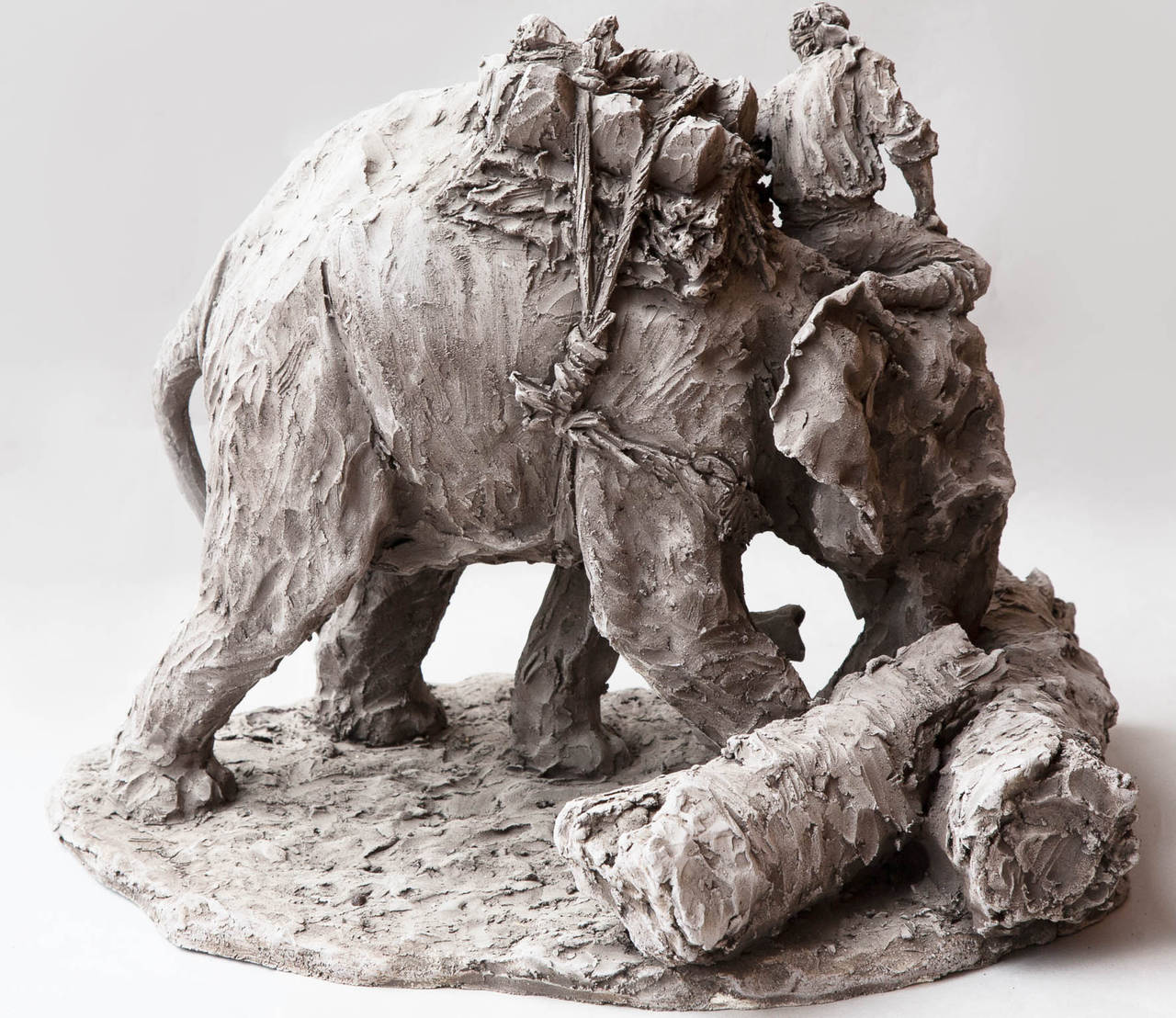 Contemporary Sculpture of an Indian Elephant with a Mahout in Grey Terracotta For Sale