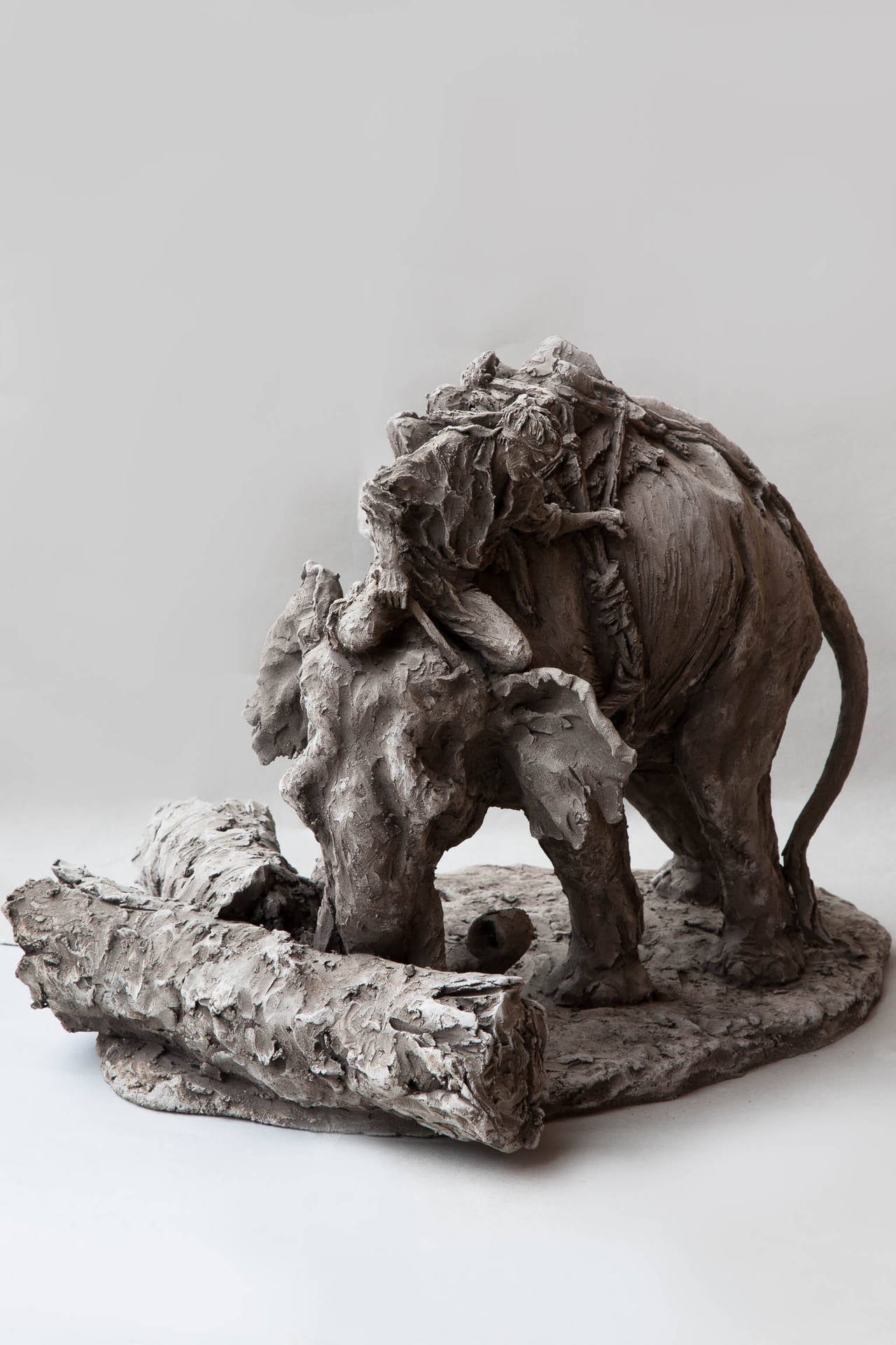 French Sculpture of an Indian Elephant with a Mahout in Grey Terracotta For Sale