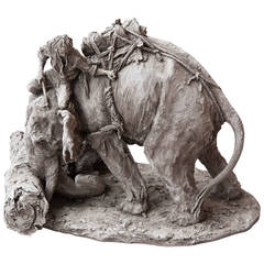 Sculpture of an Indian Elephant with a Mahout in Grey Terracotta