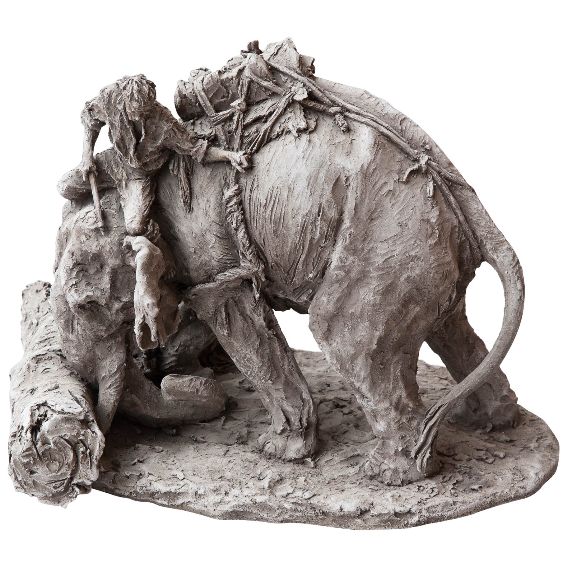 Sculpture of an Indian Elephant with a Mahout in Grey Terracotta For Sale