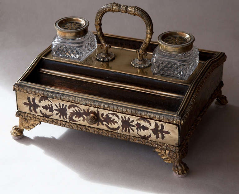 A Victorian Mahogany, Brass and Cut Glass Inkwell For Sale 5