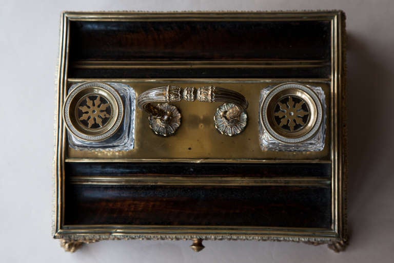 A Victorian Mahogany, Brass and Cut Glass Inkwell For Sale 2