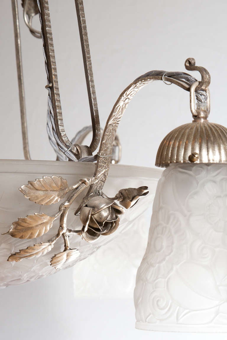 Mid-20th Century 1930's Art Deco French Silver Plated Three Arm Chandelier With Moulded Glass For Sale