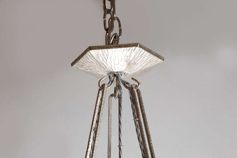 1930's Art Deco French Silver Plated Three Arm Chandelier With Moulded Glass For Sale 1