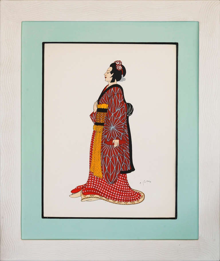 A Set Of Twelve Japanese Costume Pochoir Prints In Handmade Art Deco Frames In Excellent Condition In London, GB