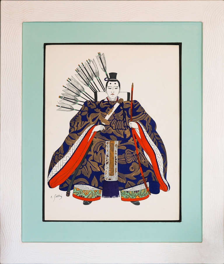 French A Set Of Twelve Japanese Costume Pochoir Prints In Handmade Art Deco Frames
