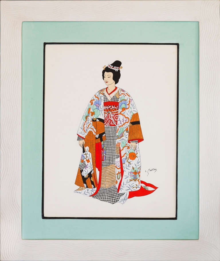 A set of 12 frame Japanese costume prints from 'Costumes Japonais et Indonesiens' By Èmile Gallois. 

Coloured plates printed in pochoir by M. Henri Hus. Paris circa 1930. Framed in pale turquoise gessoed mounts with black bevels and ivory