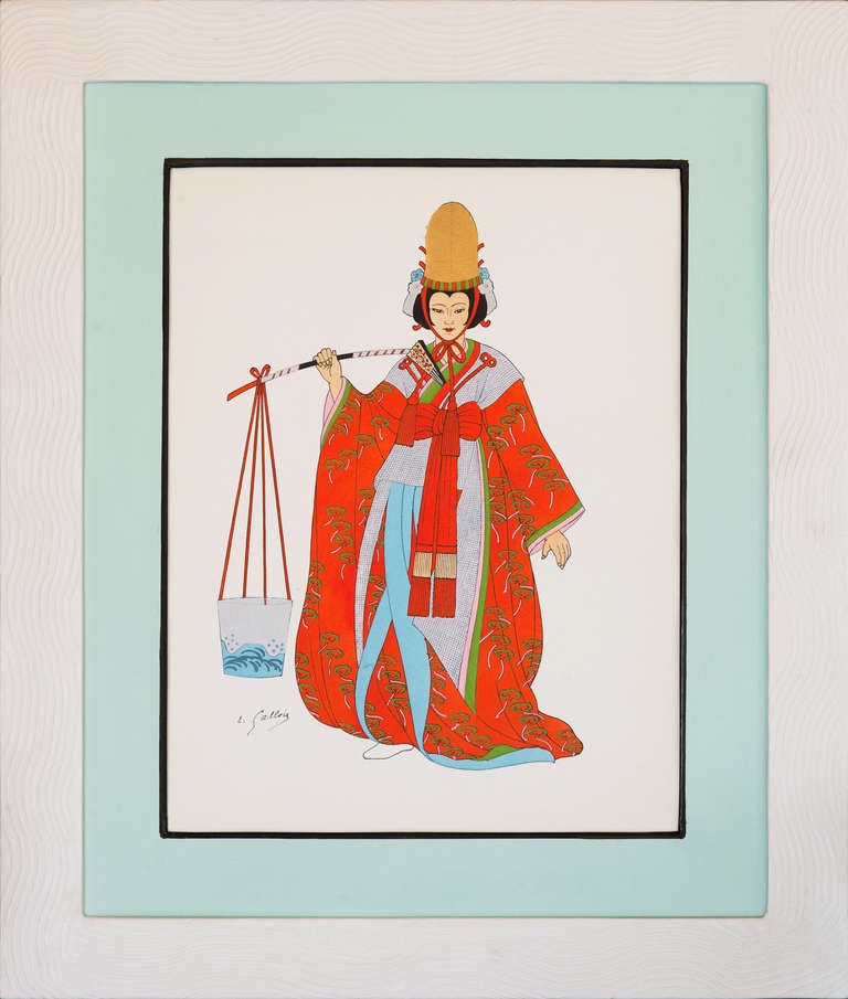 A Set Of Twelve Japanese Costume Pochoir Prints In Handmade Art Deco Frames 3