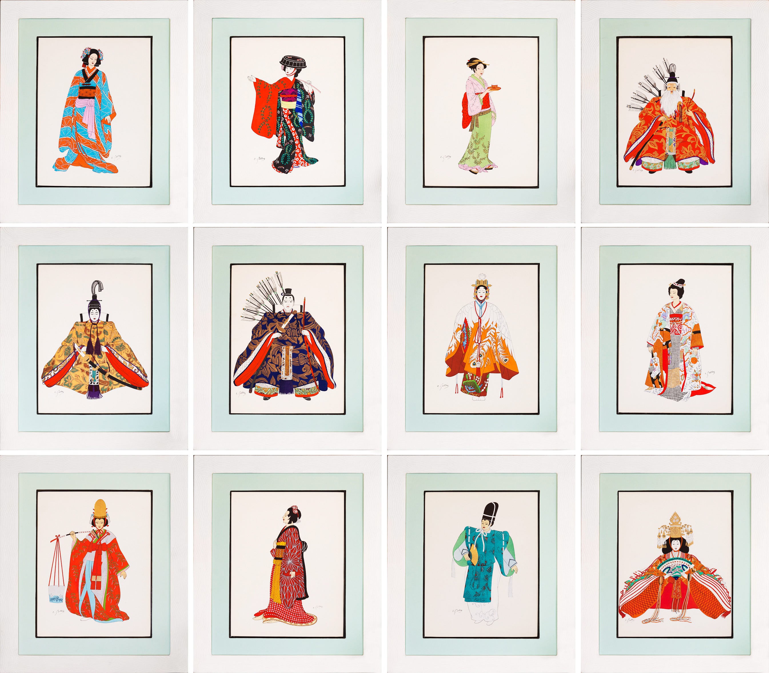 A Set Of Twelve Japanese Costume Pochoir Prints In Handmade Art Deco Frames