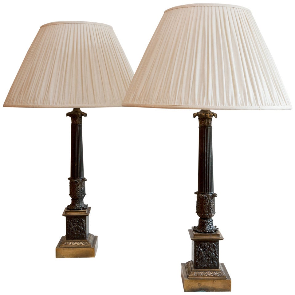 A Pair Of Large Column Restauration Style Table Lamps C. 1880