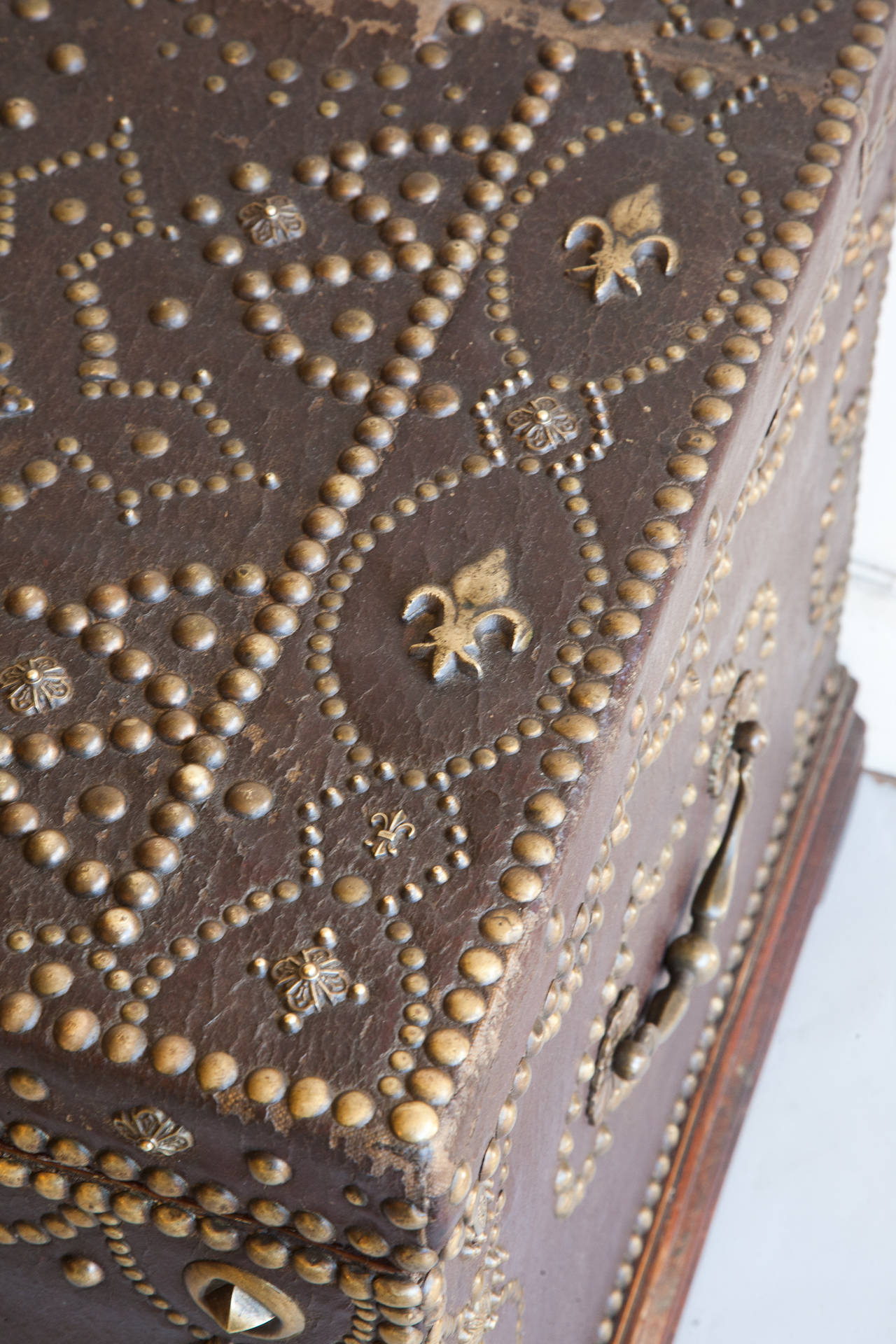 19th Century Leather Trunk with Brass Studs 4