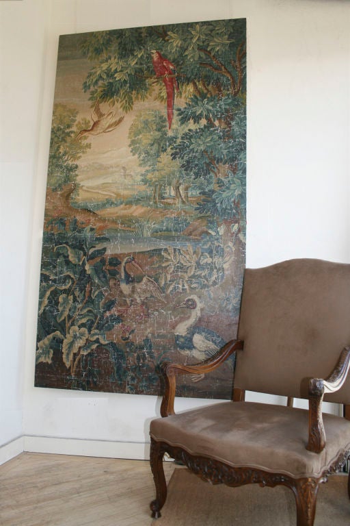Tapestry cartoon for a verdure tapestry with birds in a wooded landscape. Oil on canvas, currently unstretched. Aubusson, France.

Tapestry cartoons are the life size models from which tapestries are woven. Painted in oil on canvas or gouache on
