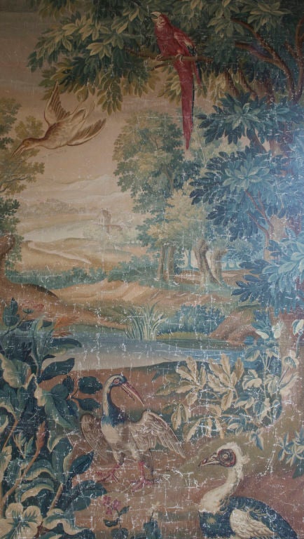 Aubusson Verdure Tapestry Cartoon with Birds in a Wooded Landscape In Distressed Condition For Sale In London, GB