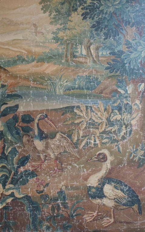 19th Century Aubusson Verdure Tapestry Cartoon with Birds in a Wooded Landscape For Sale
