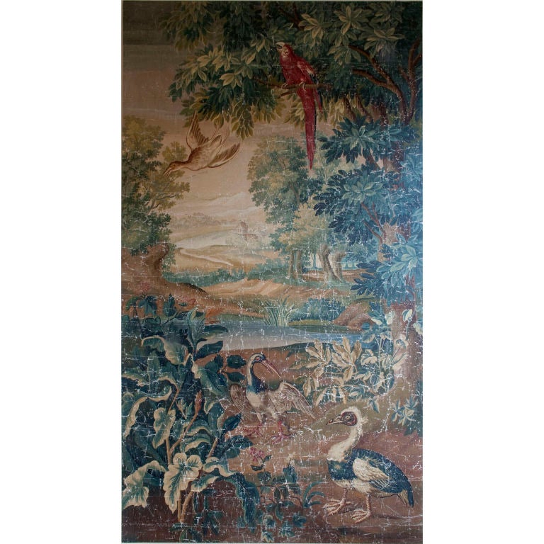 Aubusson Verdure Tapestry Cartoon with Birds in a Wooded Landscape For Sale