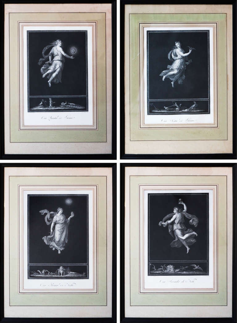 THE SIX HOURS OF THE DAY AND THE SIX HOURS OF THE NIGHT

Each engraving with an allegorical figure set against a black sky holding an item or animal with a predella scene in the lower border, these depict scenes of animals, again relating to the