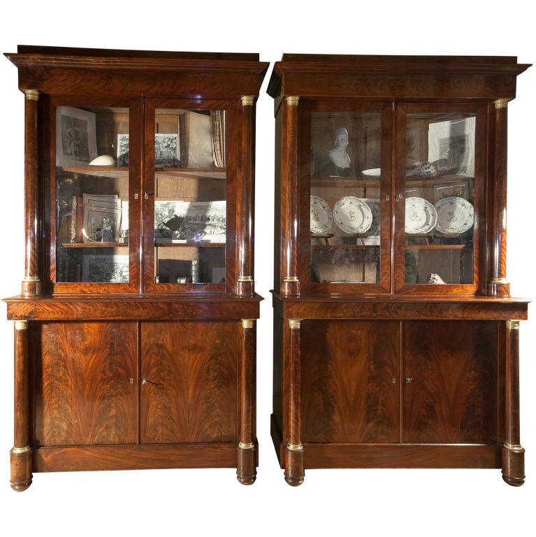 Pair of French Empire Flame Mahogany Bookcases