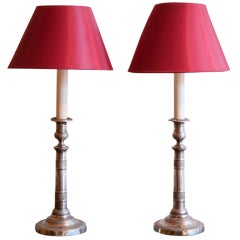 A Pair of 19th C. Silver Plate Candlesticks Converted Into Table Lamps