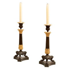 Pair of Restauration Gilt and Patinated Bronze Candlesticks