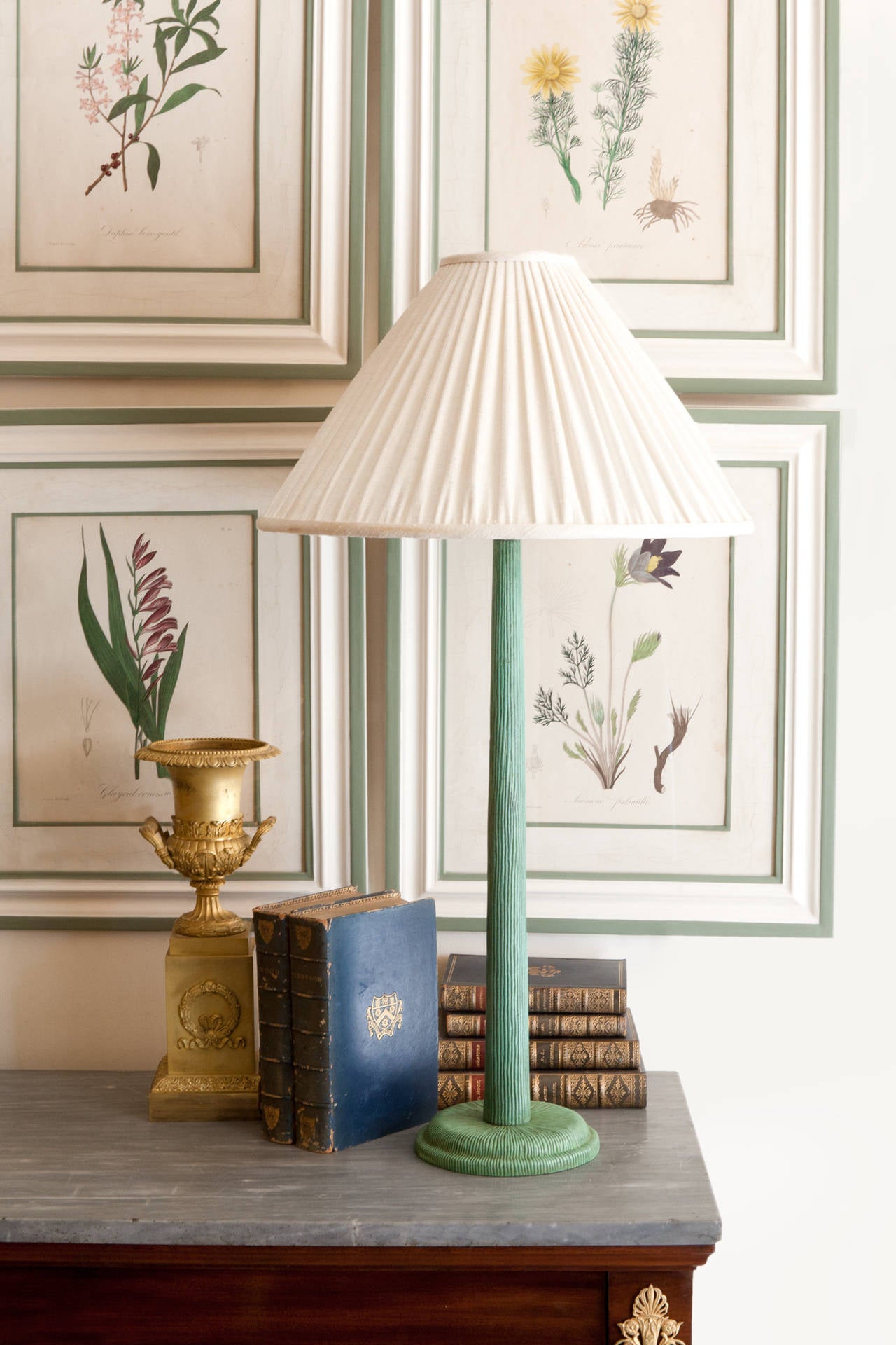 The Horbury table lamp is designed by Julia Boston. Made in England of cast brass. Shown here with a gathered raw silk off-white or buff colored 16
