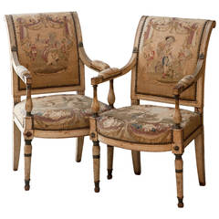 Pair of Directoire Period Painted Fauteuils with Original Tapestry