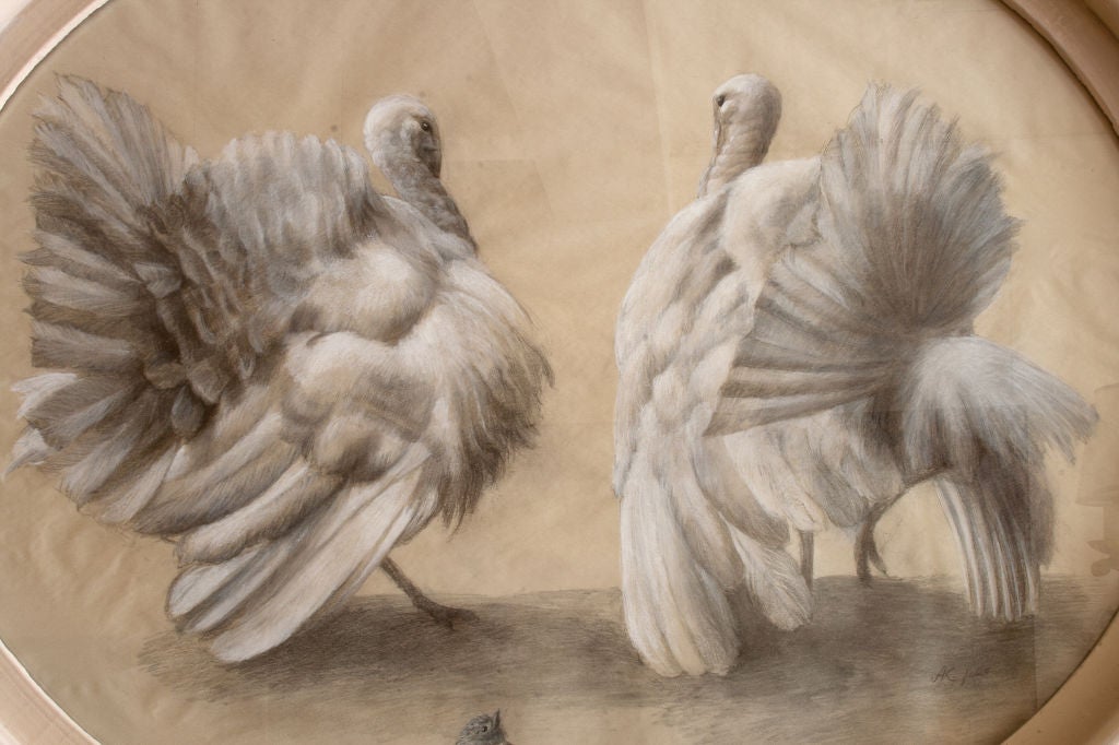 STUDY OF TWO TURKEYS By Anna Kozlowska, signed with monogram AK fecit.
Charcoal, white chalk and white pastel on paper, study for a fresco. 1st prize in the competition for a poster on restoration of Cracow in 1979.
1st prize in a debut Exhibition