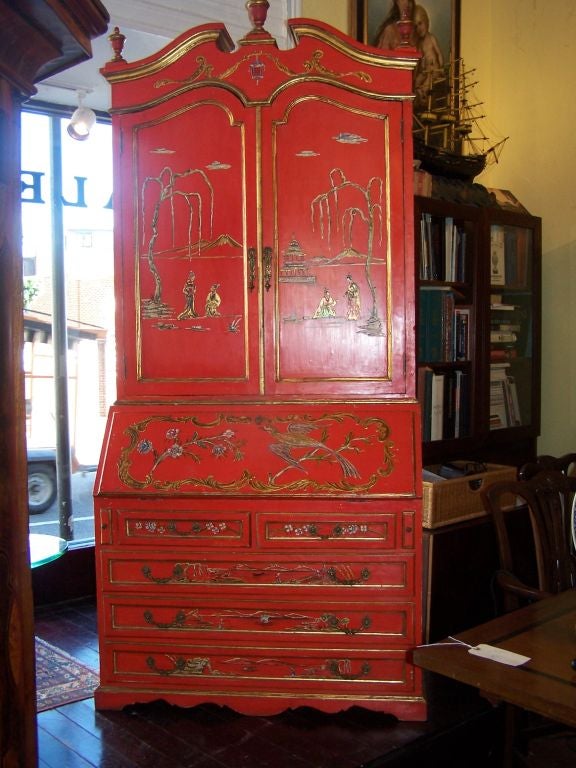 Red Japanned Lacquer Work Chinoiserie Secretary