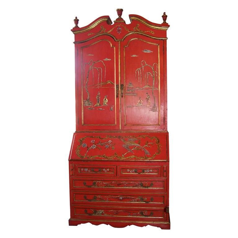 Red Japanned Lacquer Work Chinoiserie Secretary